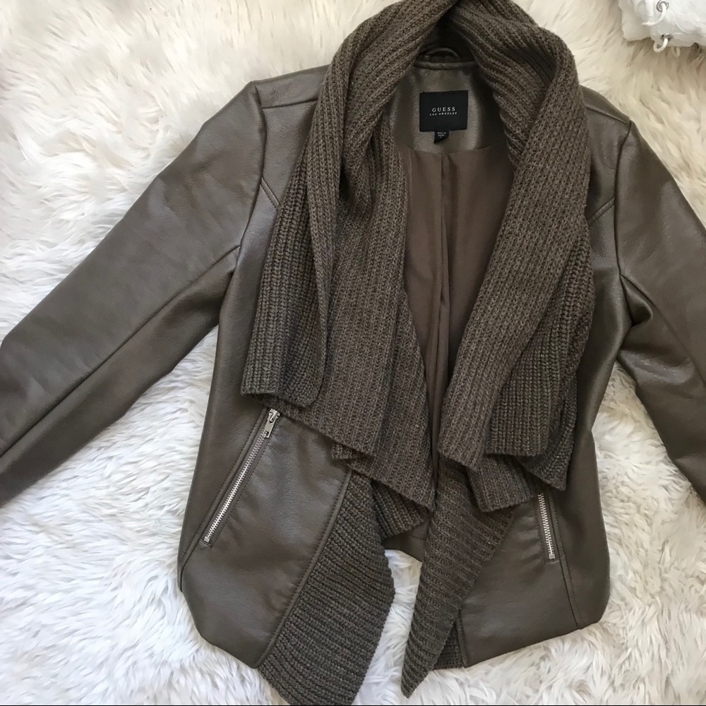 Guess Brown Leather Jacket with Knit Collar